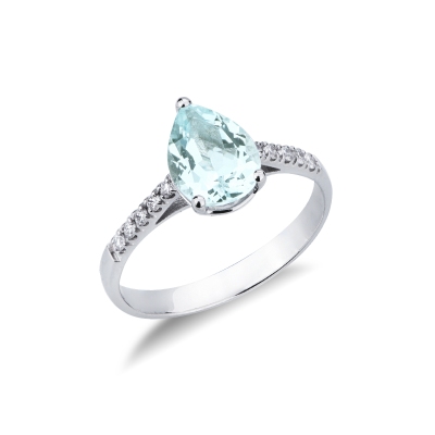 Anello con acquamarina a goccia in oro bianco con diamanti