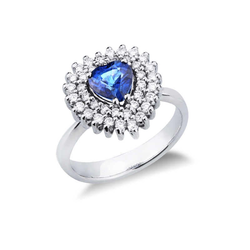Anello in oro bianco 750 con zaffiro cuore e diamanti
