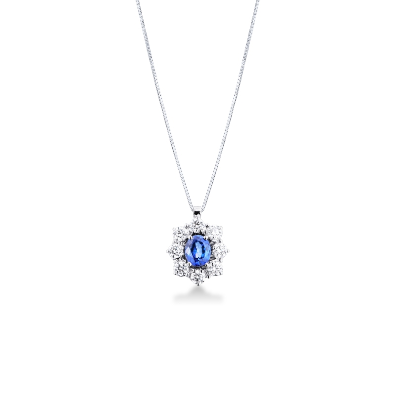 Collana in oro bianco 750 con zaffiro blu e diamanti