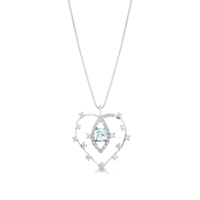 Collana con cuore acquamarina centrale e diamanti in oro bianco