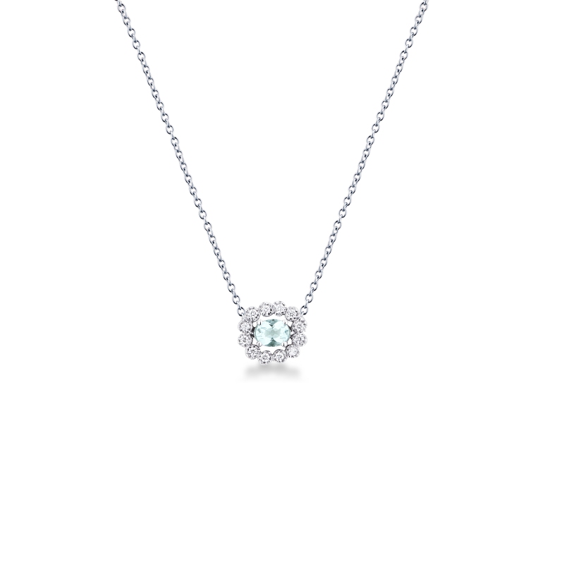 Collana in oro bianco 750 con acquamarina ovale e diamanti