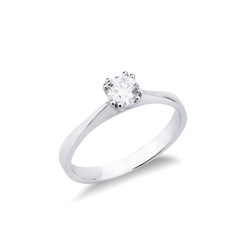 Anello solitario in oro bianco 18k a 8 griffe con diamante, 0,40 ct