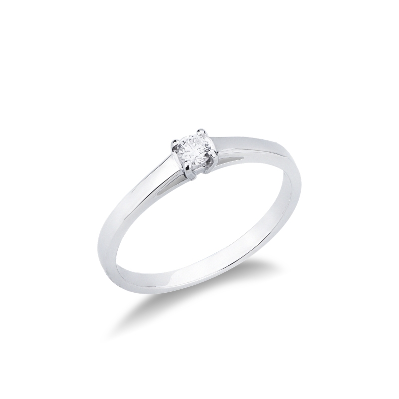 Anello solitario in oro bianco 18k con diamante, 0.10 ct