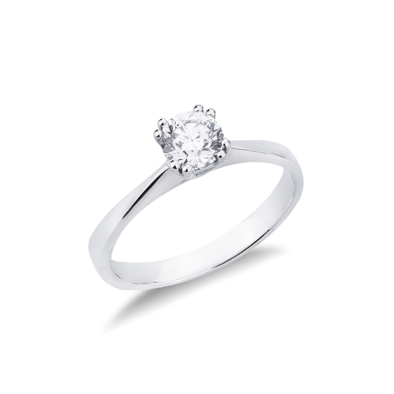 Solitario a 8 griffe lineare in oro bianco 18k con diamante, 0,70 ct