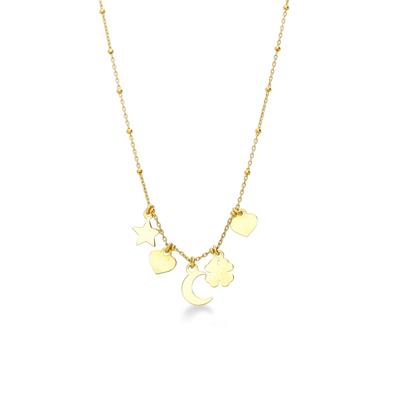 Collana in oro giallo 750 con charms cuore, stella, quadrifoglio e luna