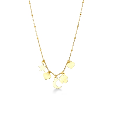 Collana in oro giallo 750 con charms cuore, stella, quadrifoglio e luna