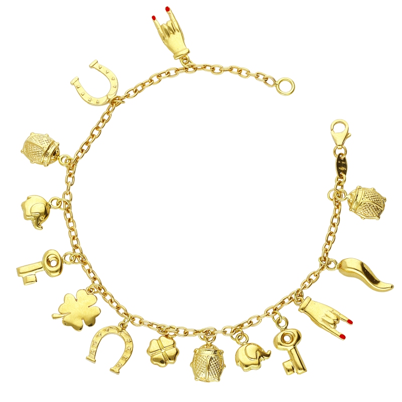 Bracciale in oro giallo 18k con charms portafortuna