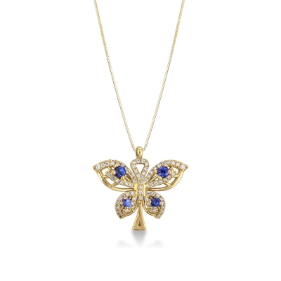 18k yellow gold butterfly pendant with sapphires and diamonds