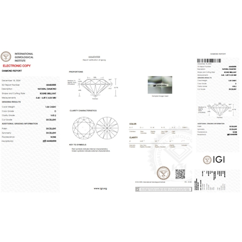 Diamante Certificato IGI   CT 1,06   D   VVS 2