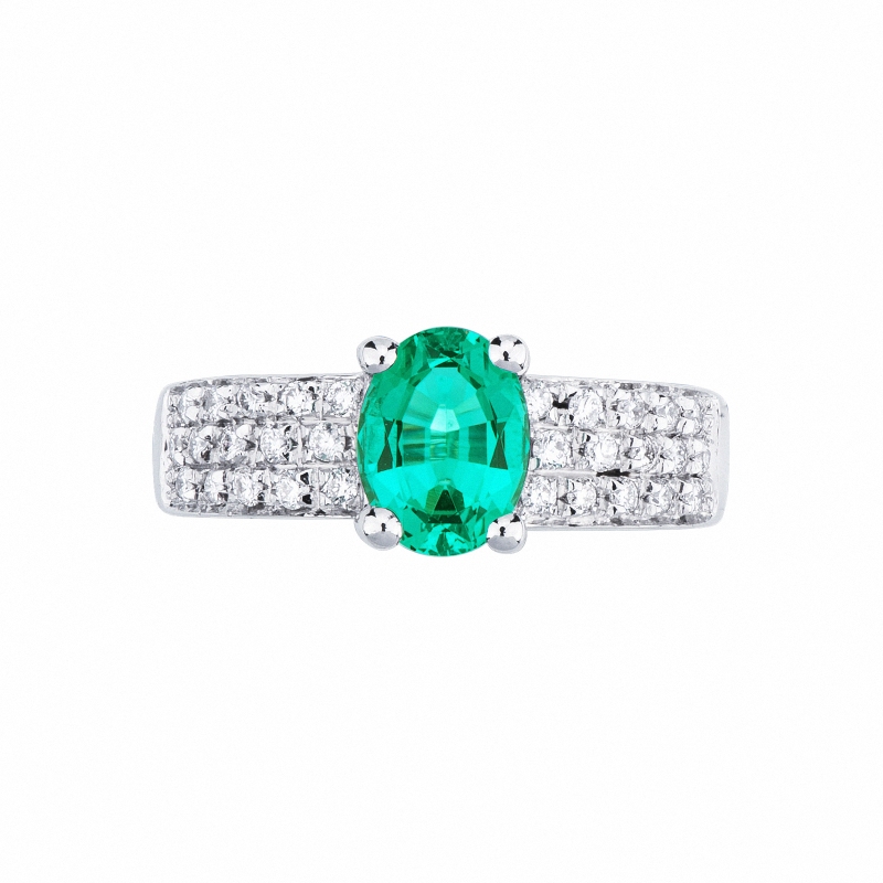 Band ring with emerald and diamonds in white gold 18k