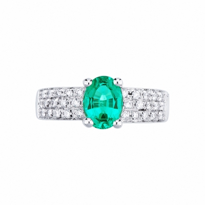 Band ring with emerald and diamonds in white gold 18k