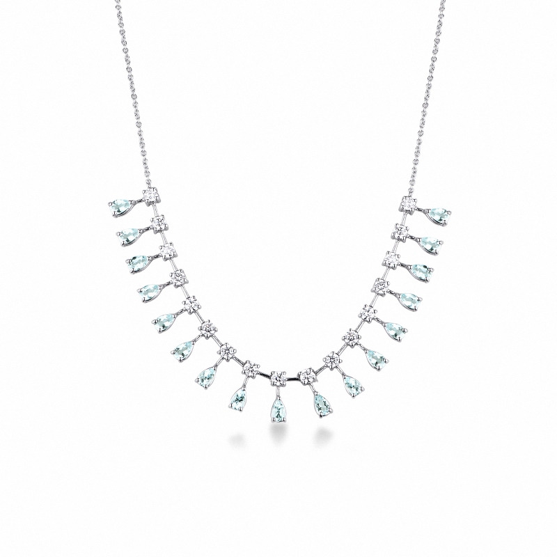 Collana design in oro bianco 750 con acquamarina goccia e diamanti