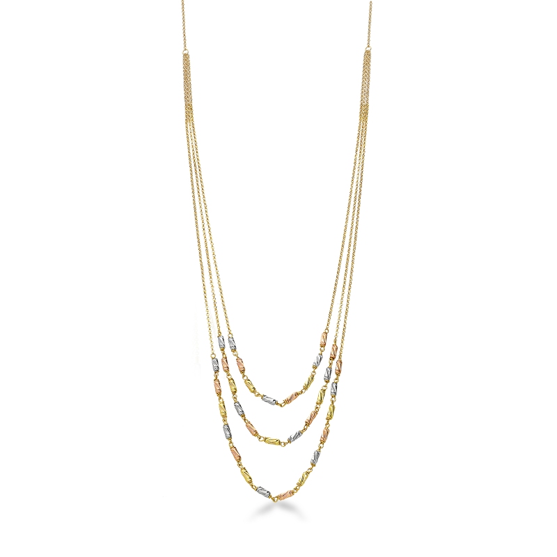 Collana a tre fili in oro bianco, giallo e rosa 18k