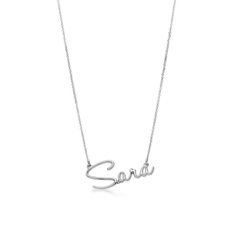 Collana personalizzabile in oro bianco 18k corsivo stilizzato, SARA