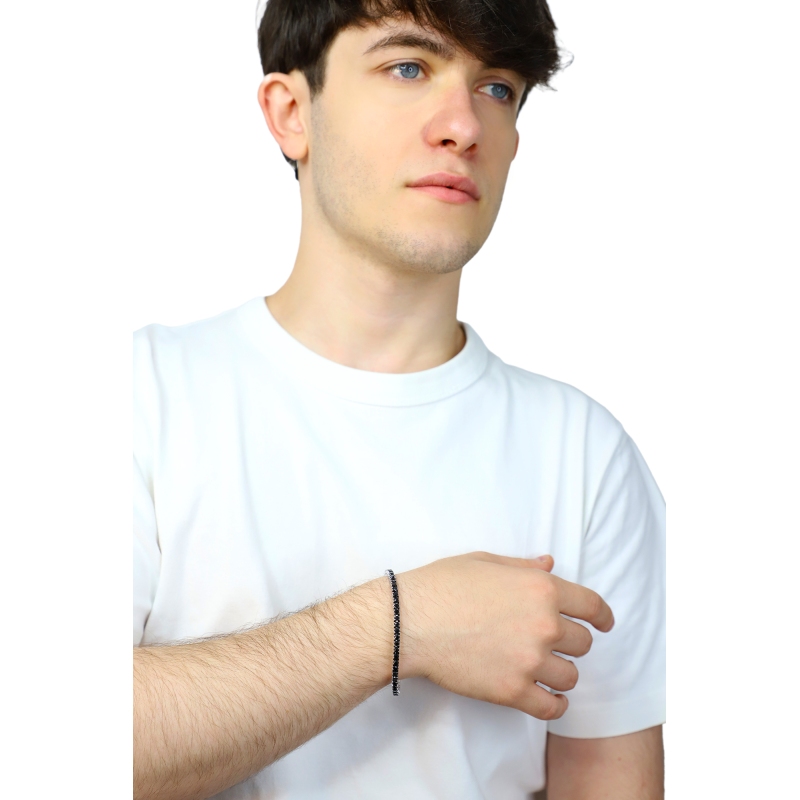 Bracciale tennis griffe elastico con diamanti neri in oro bianco 18k