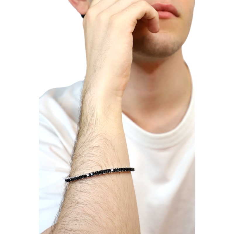 Bracciale tennis elastico con diamanti neri in oro bianco 18k