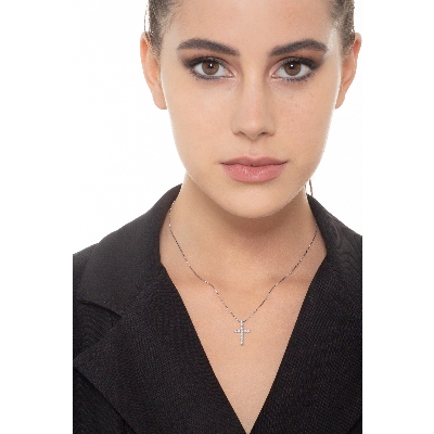 Collana in oro bianco 18k con croce e diamanti, 19x12 mm