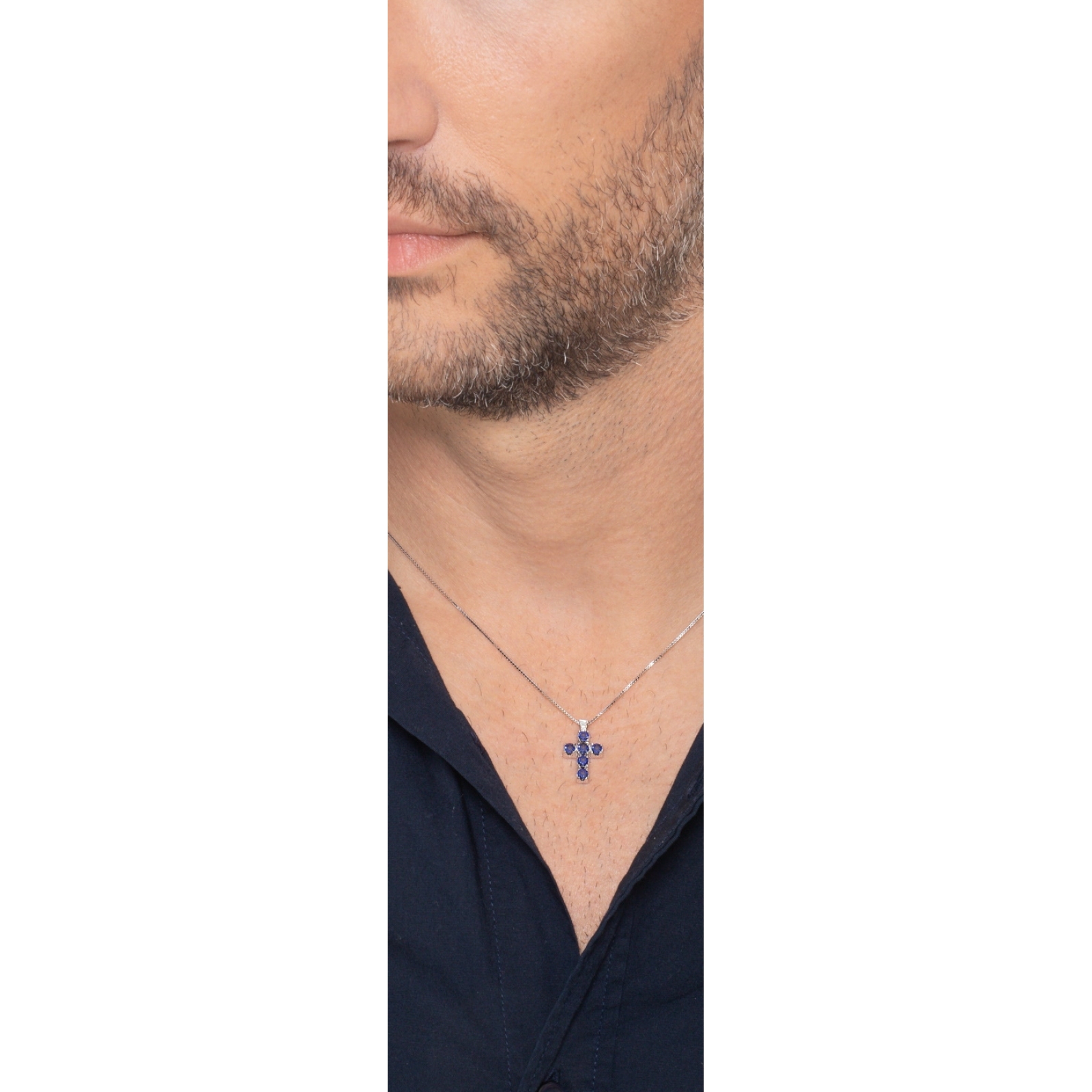 Collana Con Ciondolo Croce In Argento 925 E Zaffiri Blu Sintetici, Catena 50 Cm, Gioiello Elegante In Scatola Regalo