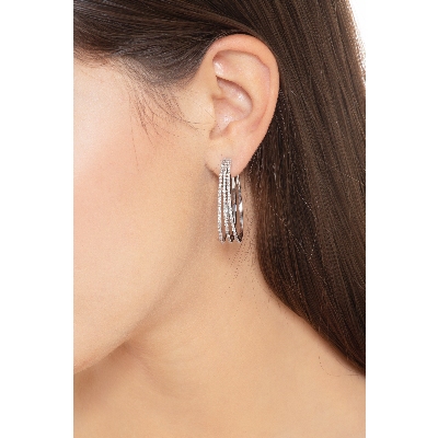 Orecchini ovali in oro bianco 18k con 3 file di diamanti