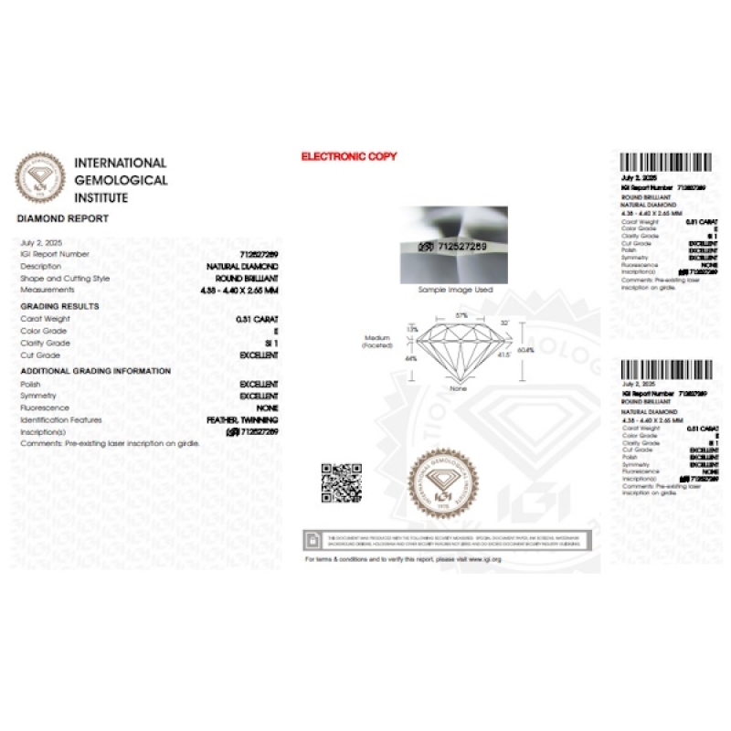 Diamante Certificato IGI   CT 0,31  E   SI 1