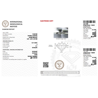 Diamante Certificato IGI   CT 0,31  E   SI 1