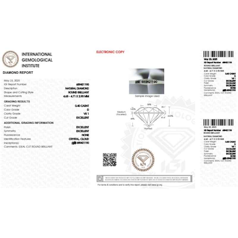 Diamante Certificato IGI   CT 0,40   D   VS 1