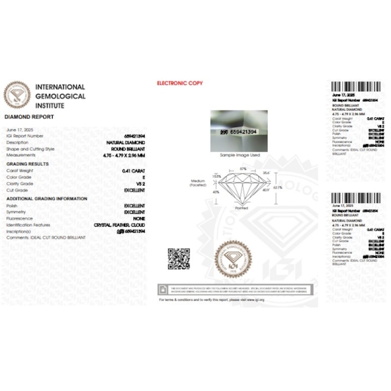 Diamante Certificato IGI   CT 0,41   E   VS 2