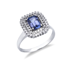 Anello doppio contorno in oro bianco 18k con tanzanite e diamanti