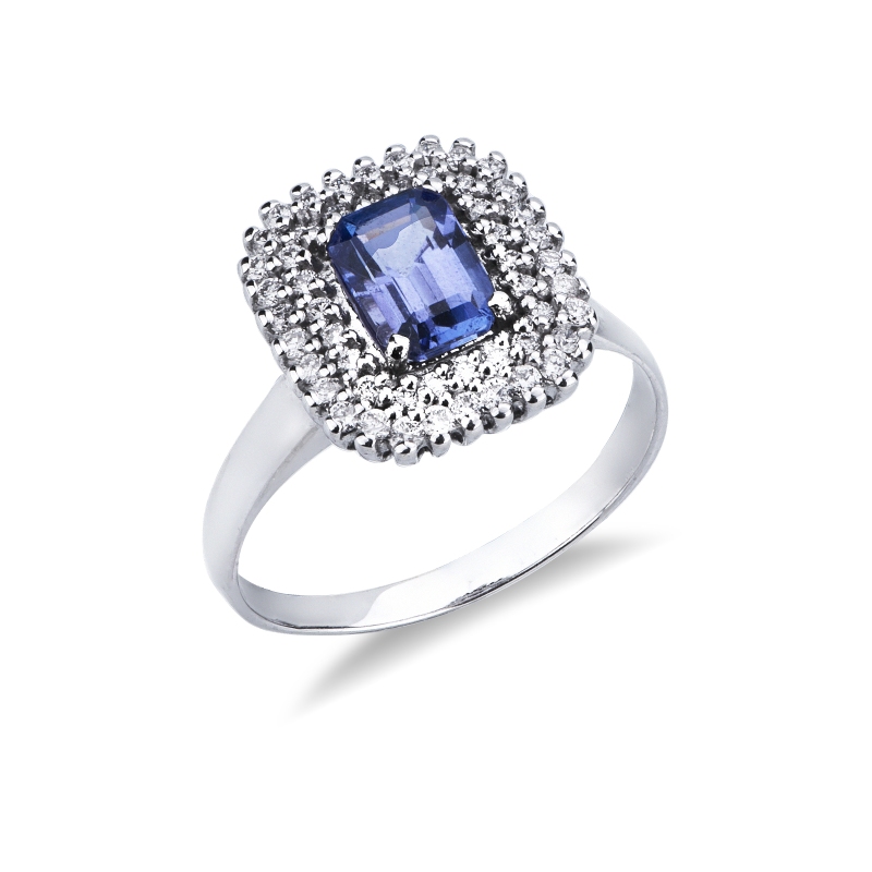 Anello doppio contorno in oro bianco 18k con tanzanite e diamanti