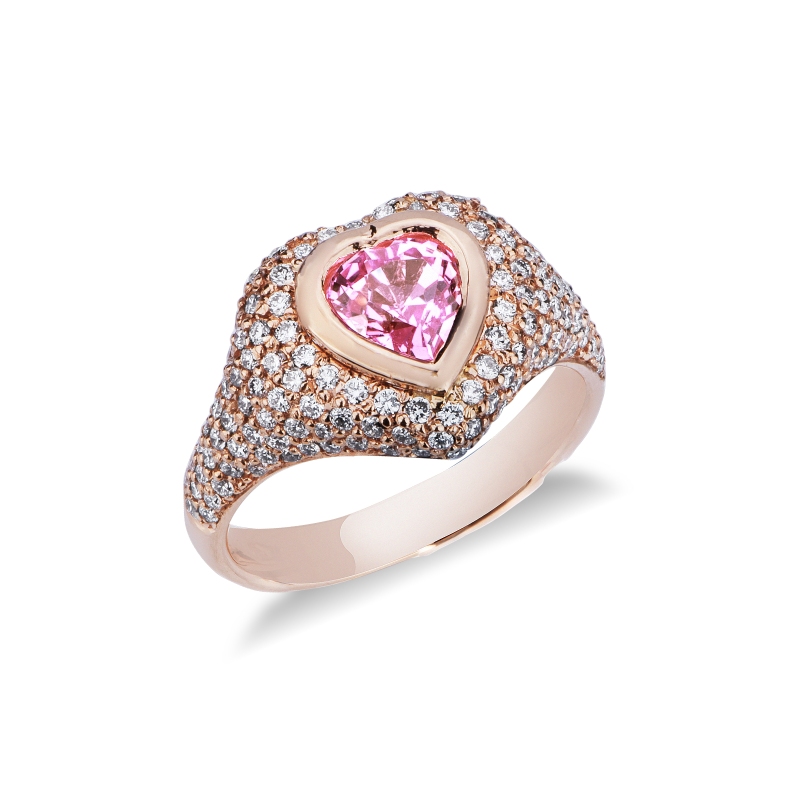Anello chevalier in oro rosa 18k con zaffiro rosa e diamanti 