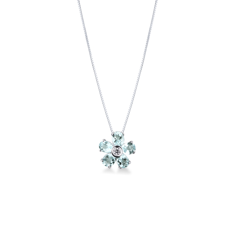 Collana con acquemarine a fiore e diamanti oro bianco 18k