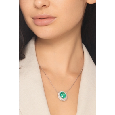GIROCOLLO CON MAGLIA PAVE' IN BRIL E SMERALDO OVALE MM14X12, CATENA ROLÒ