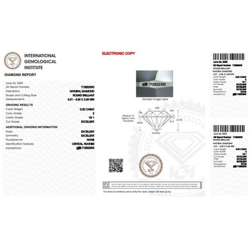Diamante Certificato IGI   CT 0,30   E   VS 1