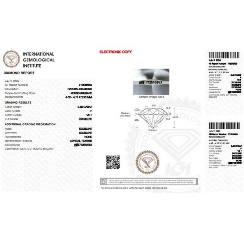 Diamante Certificato IGI   CT 0,40   F   VS 1