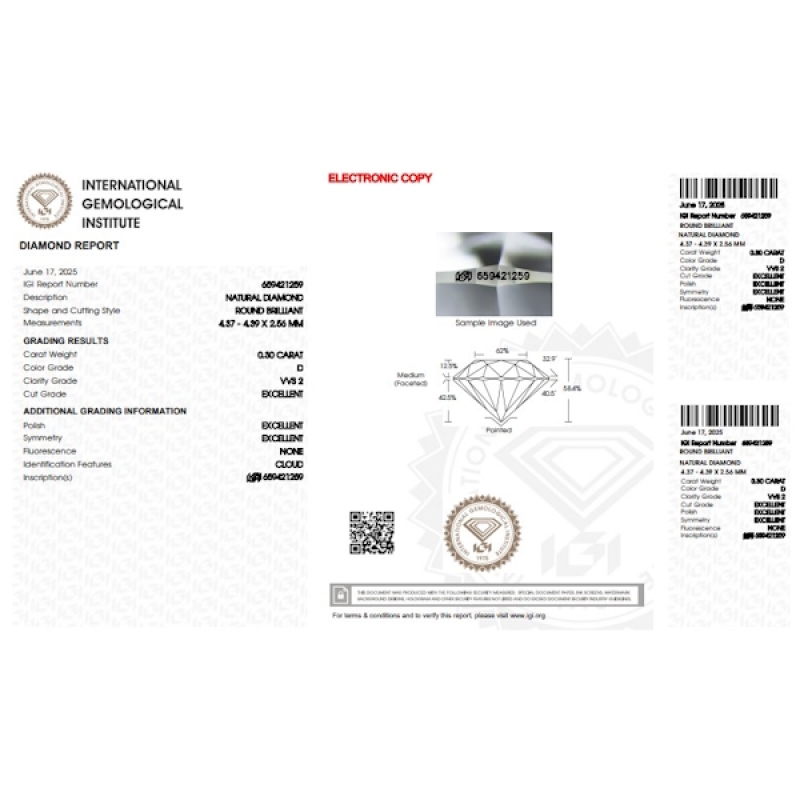 Diamante Certificato IGI   CT 0,30   D   VVS 2