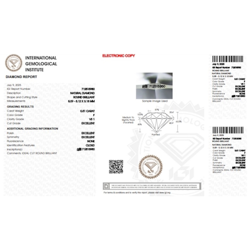 Diamante Certificato IGI   CT 0,51   F  VS 1