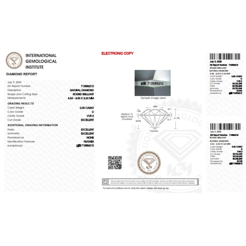 Diamante Certificato IGI   CT 0,30   D   VVS 2