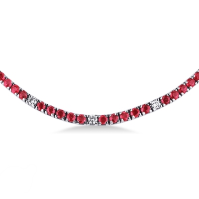 Ruby and diamond gradueted tennis necklace in 18k white gold