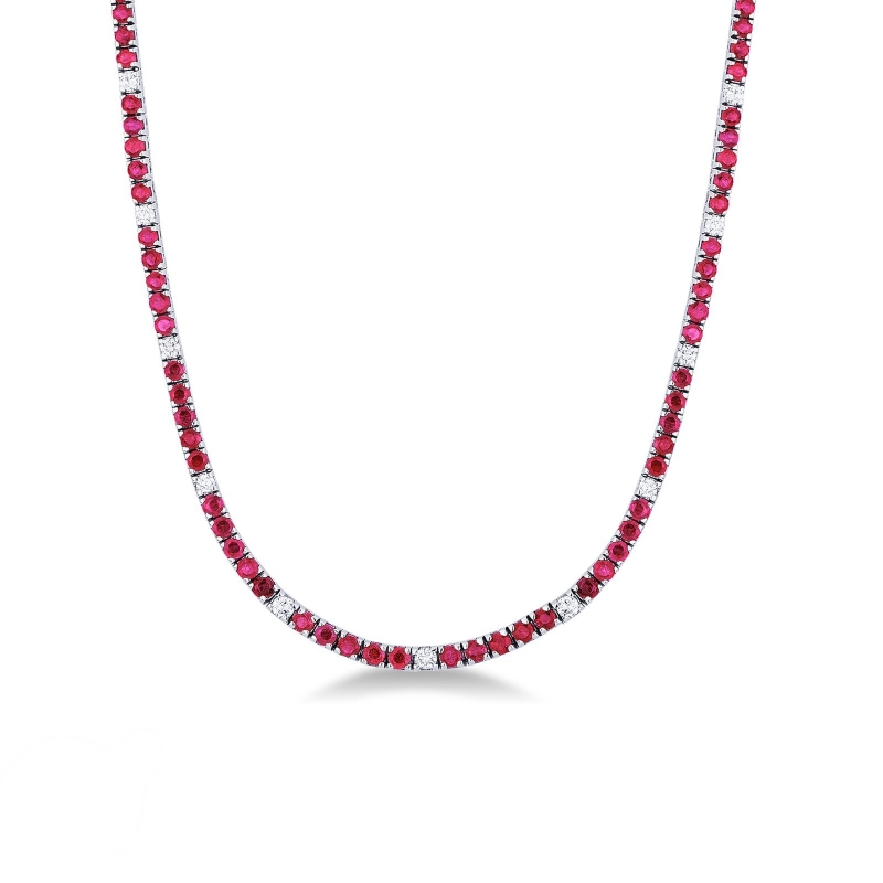 Ruby and diamond gradueted tennis necklace in 18k white gold