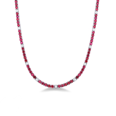 Ruby and diamond gradueted tennis necklace in 18k white gold