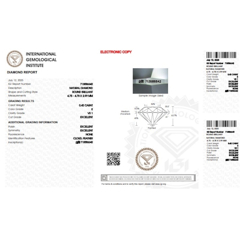 Diamante Certificato IGI   CT 0,42   E  VS1
