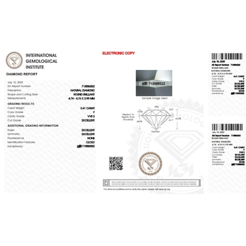 Diamante Certificato IGI   CT 0,41   F  VVS 2