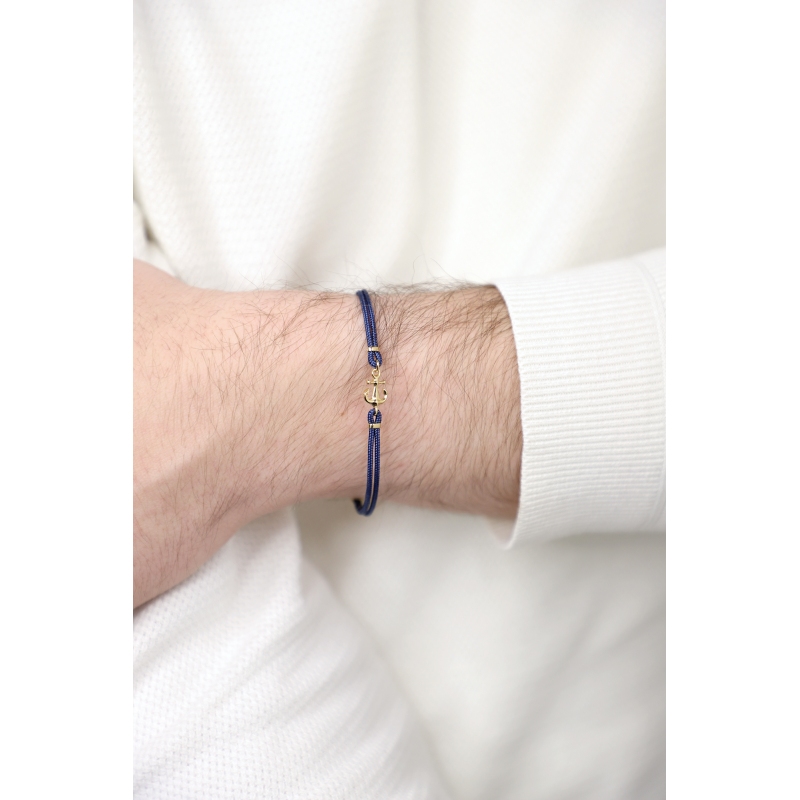 Bracciale in corda blu con ancora in oro giallo 18k