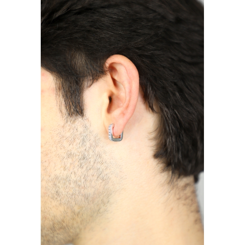 Mono orecchino rettangolare in oro bianco 750 con diamanti