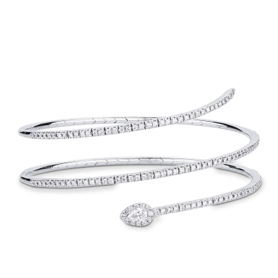 Bracciale a molla con un diamante a goccia e brillanti in oro bianco 750