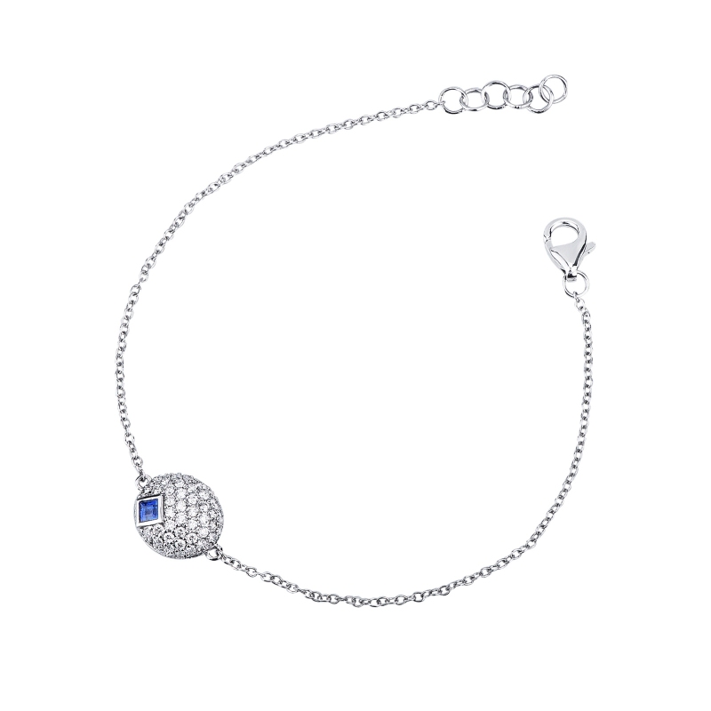 Bracciale in oro bianco 750 con pendente ovale con pavé di diamanti e zaffiro blu