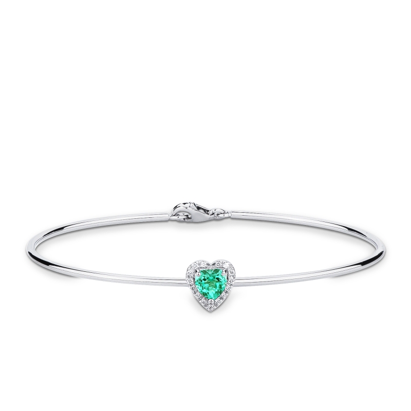 Thin bangle bracelet with diamonds and heart-shaped emerald in 18kt white gold