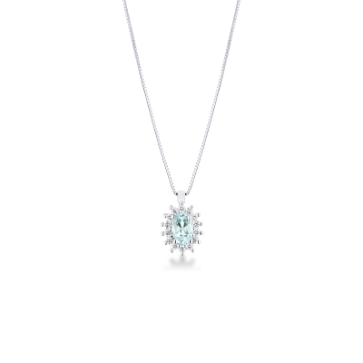 Collana con acquamarina ovale in oro 18k e diamanti contorno