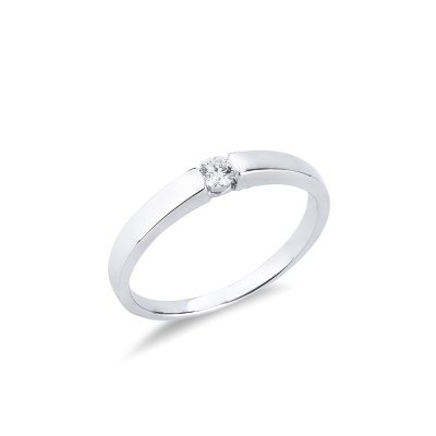Solitario in oro bianco 18k e diamante da 0.10 ct. Incastonatura a battuto