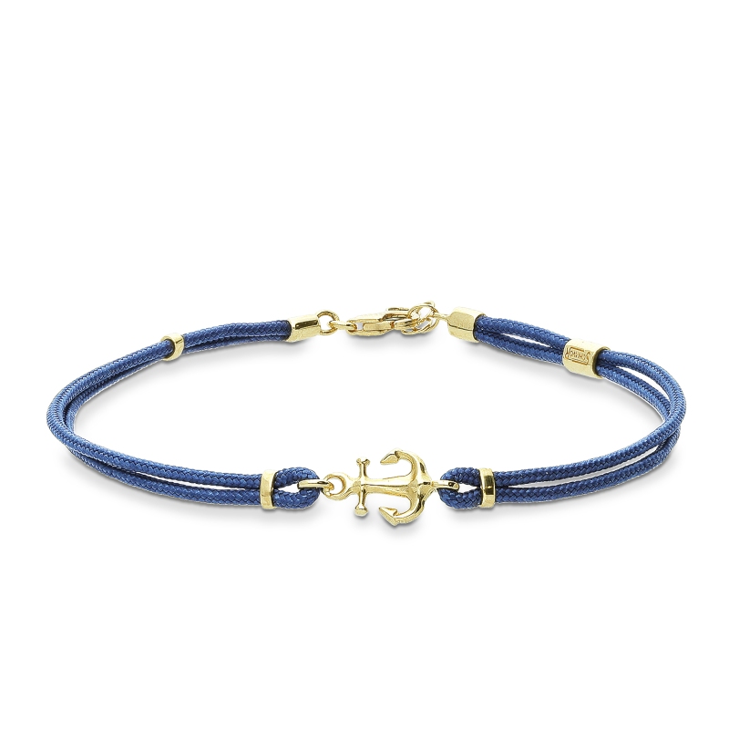 Bracciale in corda blu con ancora in oro giallo 18k